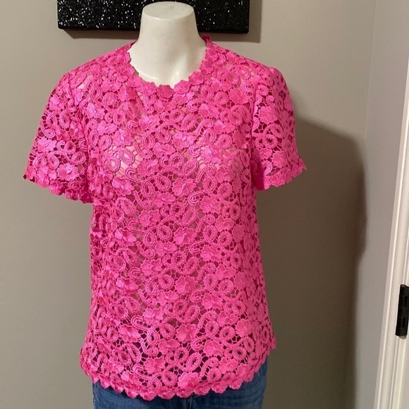 kate spade Tops - Kate Spade Alexandria Pink Floral Lace Short Sleeve Top Keyhole Back Sz 4 NEW